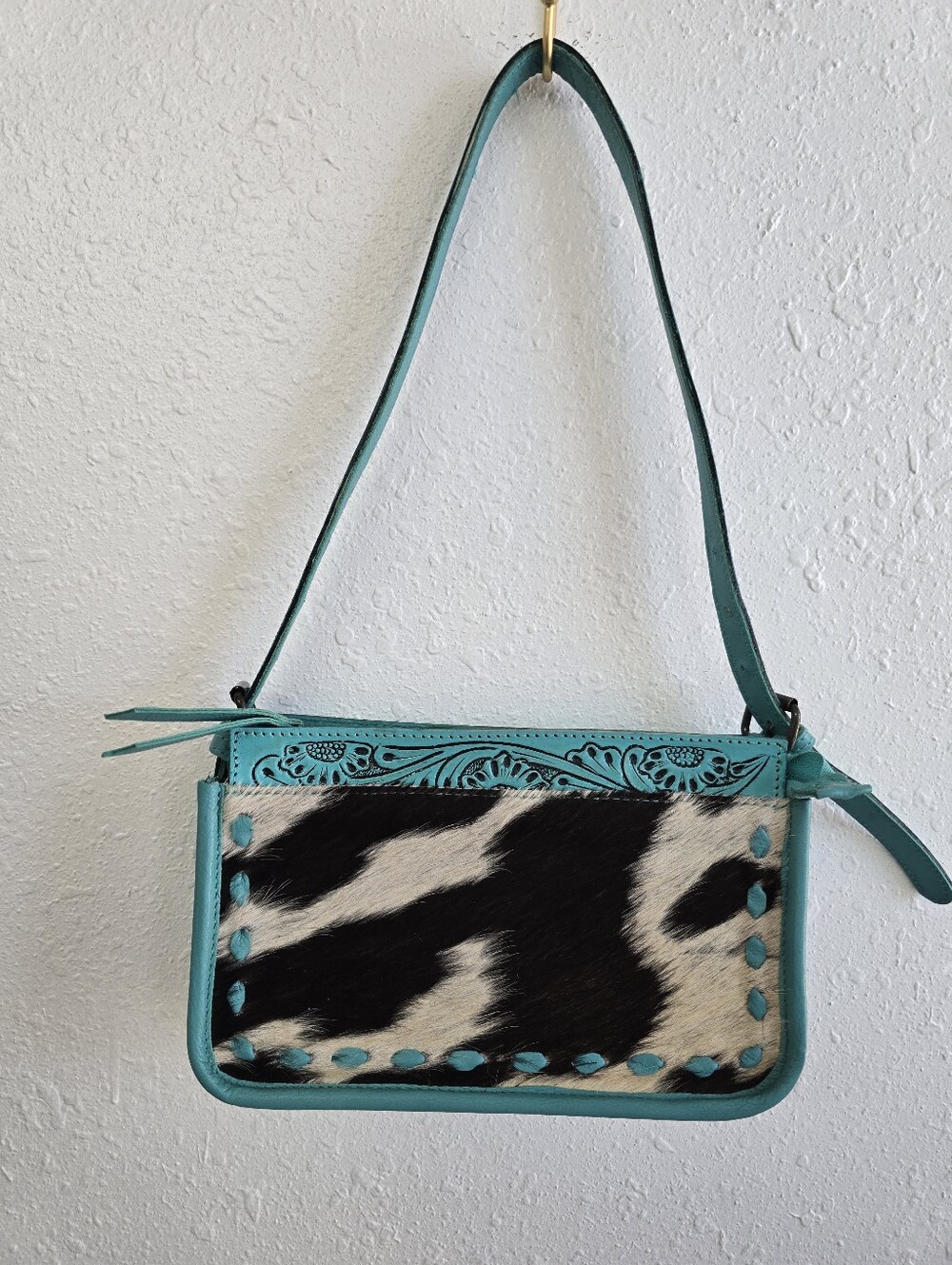 Turquoise Leather Cowhide Shoulder Bag Tooled Western Purse